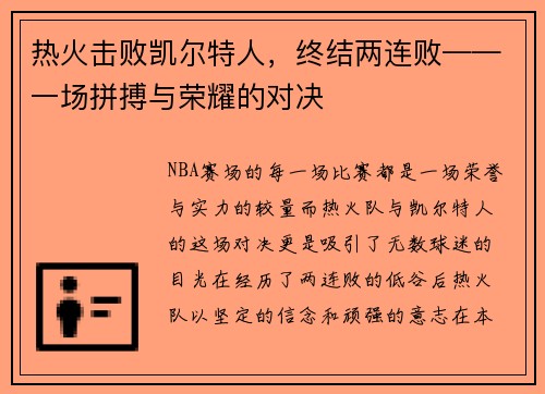 热火击败凯尔特人，终结两连败——一场拼搏与荣耀的对决