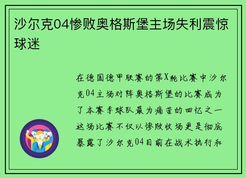 沙尔克04惨败奥格斯堡主场失利震惊球迷